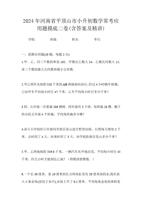 2024年河南省平顶山市小升初数学常考应用题摸底二卷(含答案及精讲)