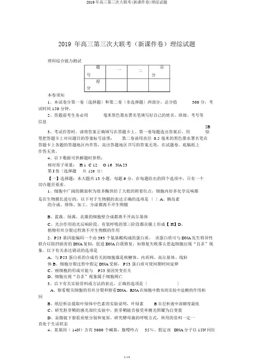 2019年高三第三次大联考(新课件卷)理综试题