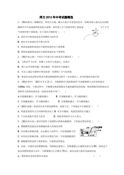 浮力2012年中考试题精选