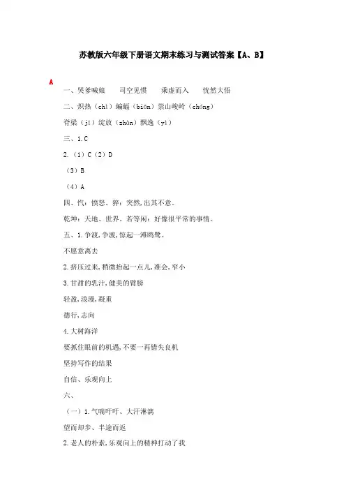 苏教版六年级下册语文期末练习与测试答案【A、B】