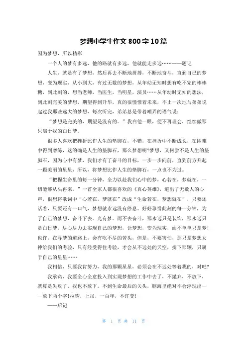 梦想中学生作文800字10篇