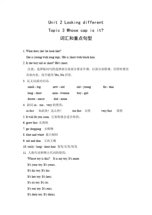 仁爱版英语七年级上册Unit2 Topic3 词汇和重点句型