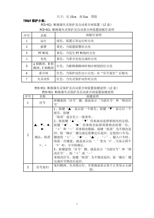 沙州变750kV保护小室装置面板指示灯、按键说明