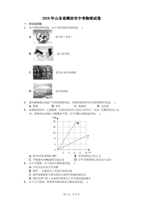 2018年山东省潍坊市中考物理试卷-(word解析版)