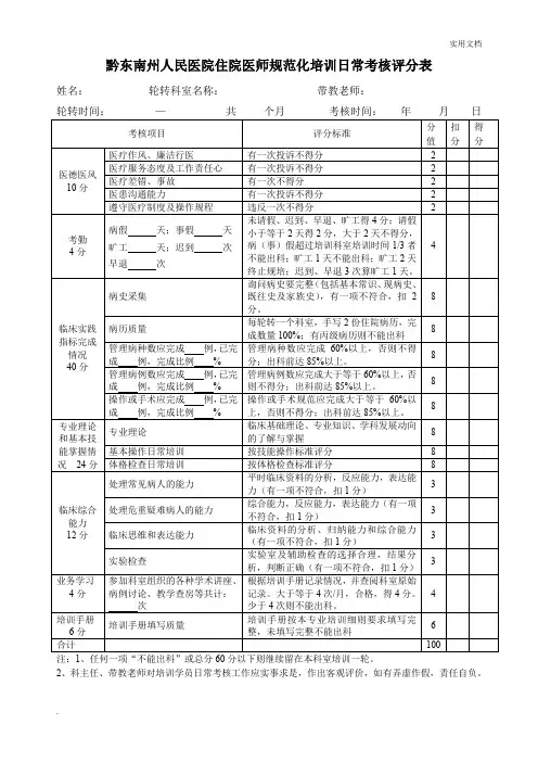 临床规培生日常考核评分表