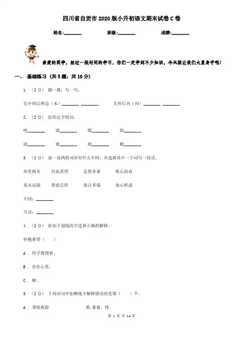 四川省自贡市2020版小升初语文期末试卷C卷(模拟)