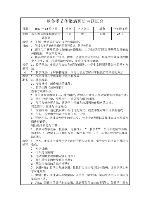 秋冬季节传染病的预防(教案)-小学生主题班会通用版