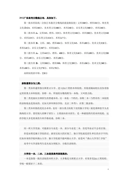 2012广州高校录取分数线1