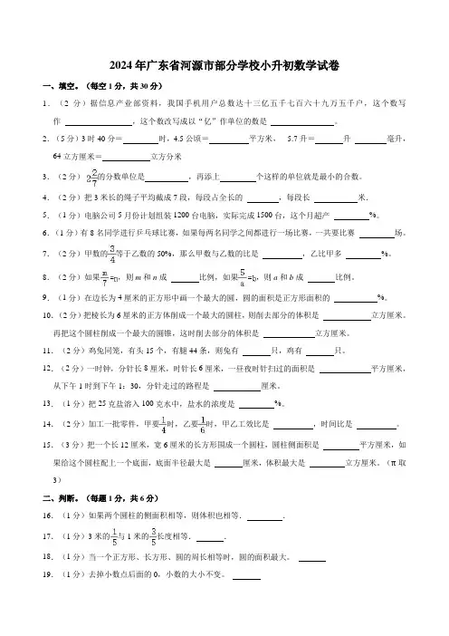 2024年广东省河源市部分学校小升初数学试卷