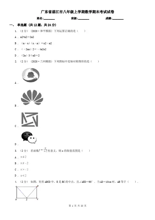 广东省湛江市八年级上学期数学期末考试试卷