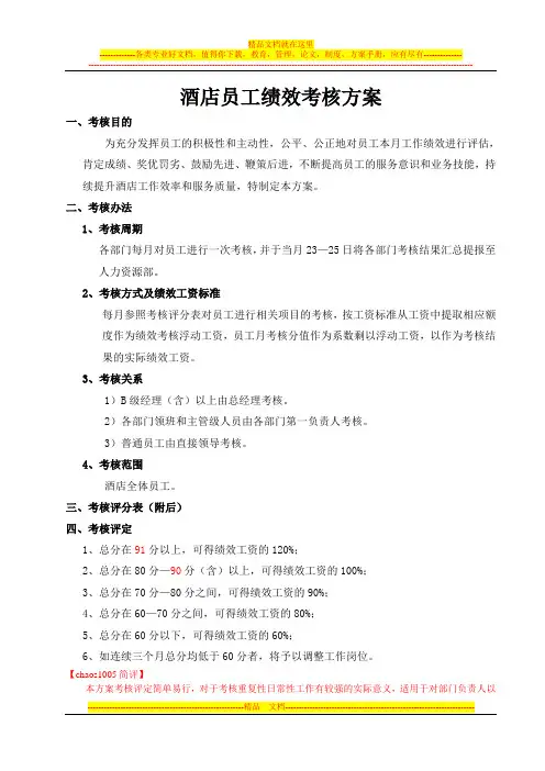 某酒店员工月度绩效考核方案
