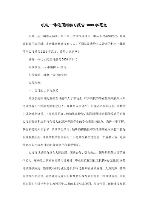机电一体化顶岗实习报告3000字范文