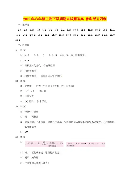 2019年六年级生物下学期期末试题答案 鲁科版五四制