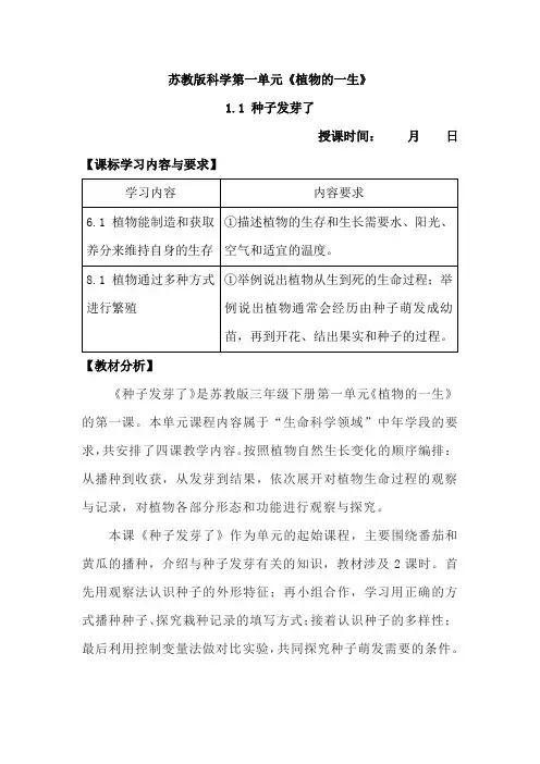 1.1种子发芽了(教案)-2022-2023学年三年级科学下册同步备课(苏教版)
