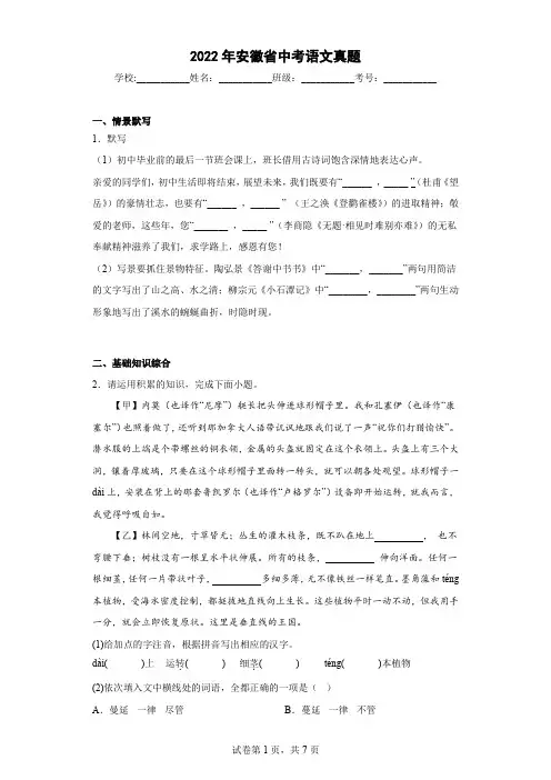 2022年安徽省中考语文真题附答案