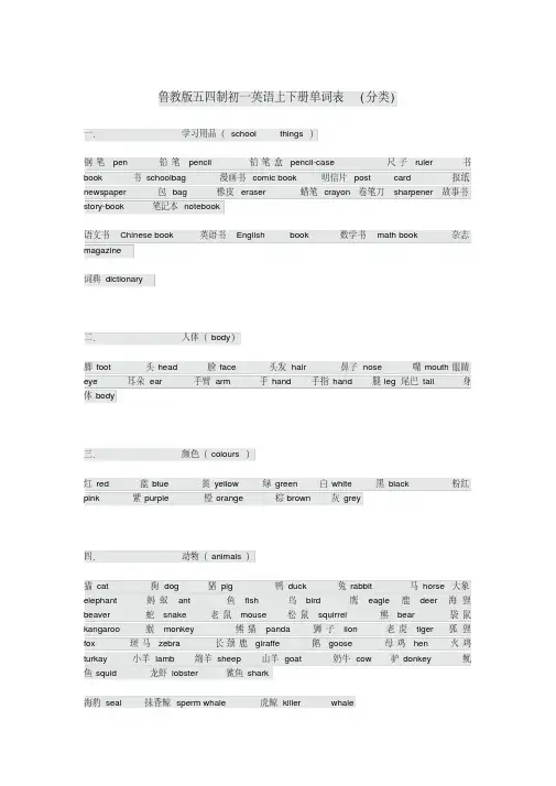 鲁教版五四制初一英语上(下册)单词表(分类)
