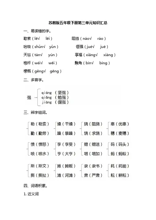 苏教版五年级语文下册第三单元知识汇总