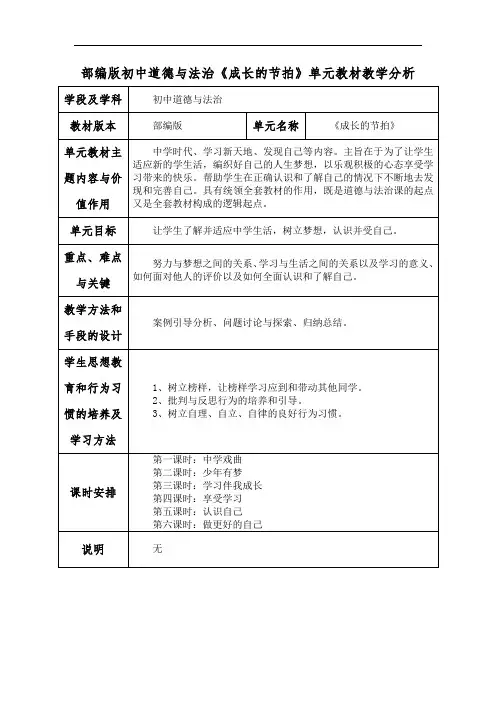 部编版初中道德与法治《成长的节拍》单元教材教学分析