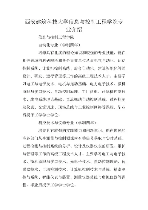 西安建筑科技大学信息与控制工程学院专业介绍
