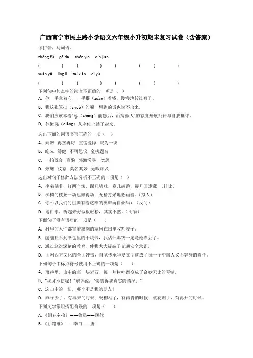 广西南宁市民主路小学语文六年级小升初期末复习试卷(含答案)