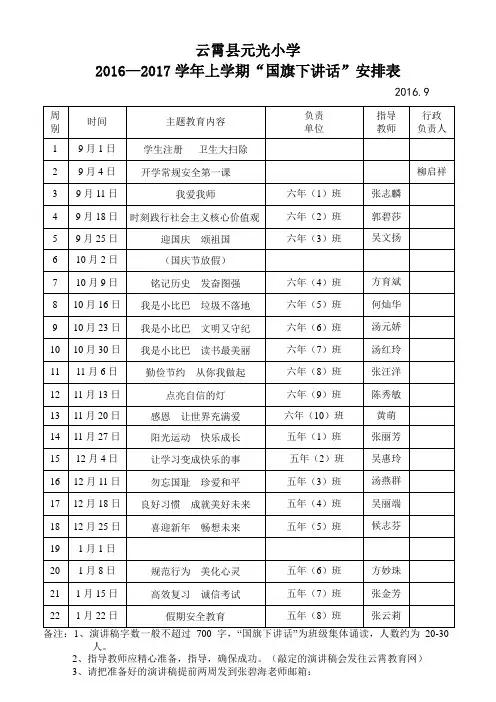 元光小学2017—2018学年上学期“国旗下讲话”安排表