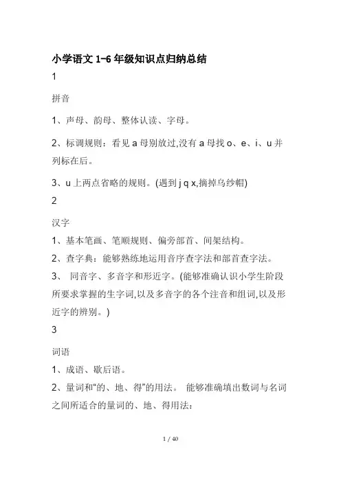 小学语文1-6年级知识点归纳总结