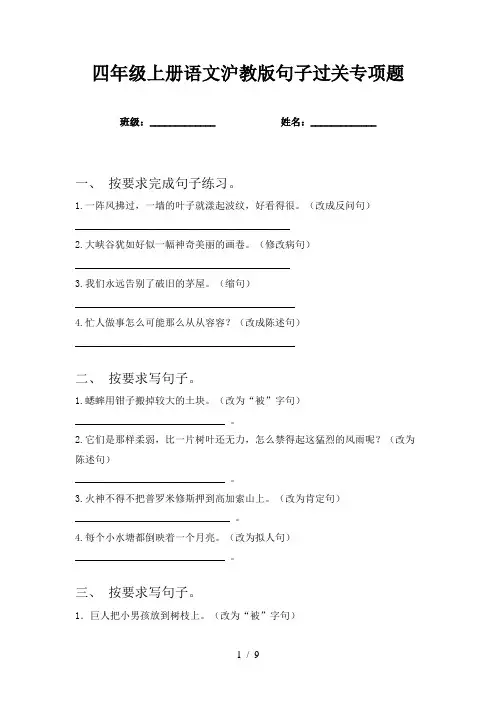 四年级上册语文沪教版句子过关专项题