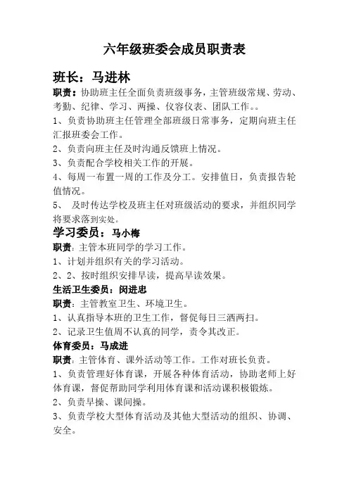 六年级班委会成员职责表