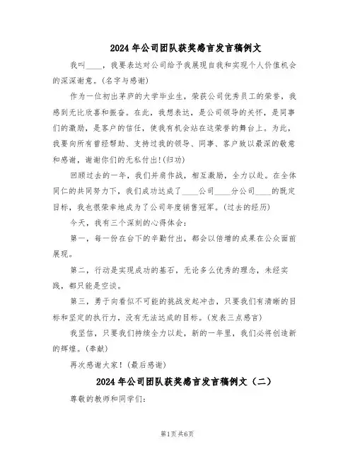 2024年公司团队获奖感言发言稿例文（五篇）