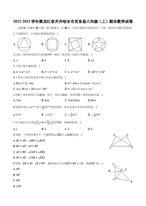 黑龙江省齐齐哈尔市克东县2022-2023学年八年级上学期期末数学试卷(含答案)