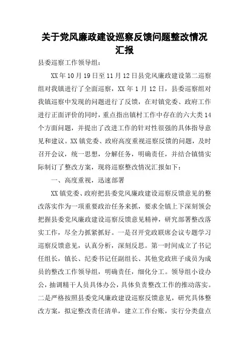 关于党风廉政建设巡察反馈问题整改情况汇报