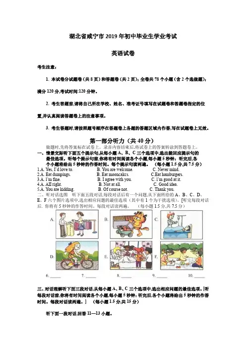 2019年湖北省咸宁市中考英语试题(word版,含答案及听力材料)