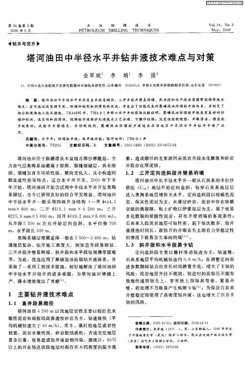 塔河油田中半径水平井钻井液技术难点与对策