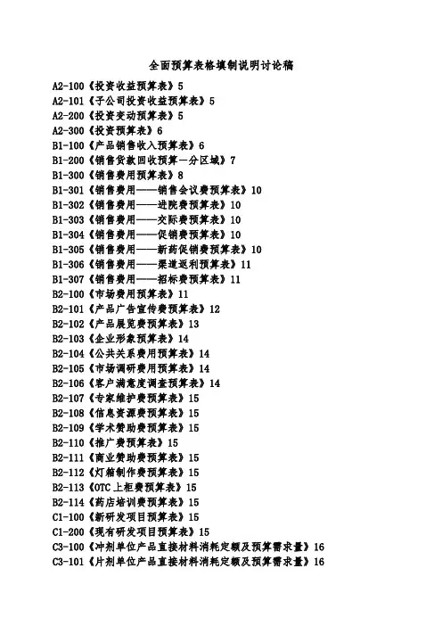 全面预算表格编制说明