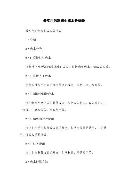 最实用的制造业成本分析表