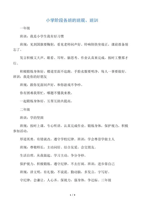 小学阶段各班的班规、班训