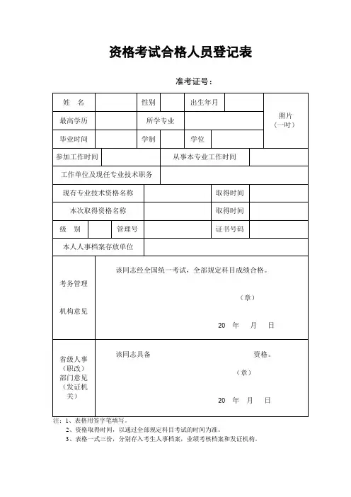 资格考试合格人员登记表