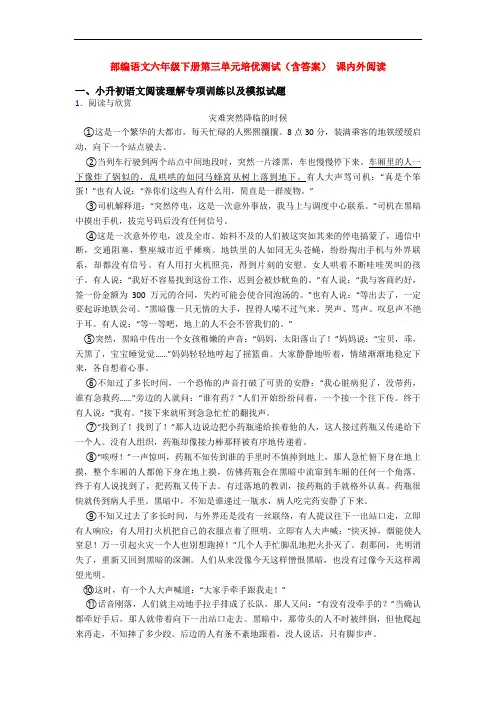 部编语文六年级下册第三单元培优测试(含答案) 课内外阅读
