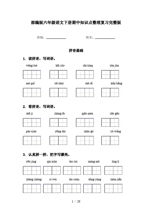 部编版六年级语文下册期中知识点整理复习完整版