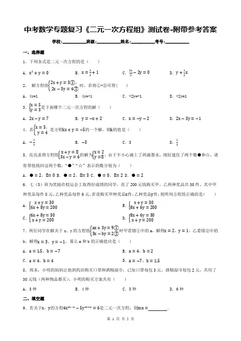 中考数学专题复习《二元一次方程组》测试卷-附带参考答案