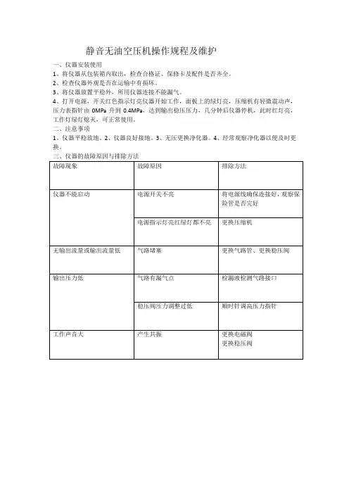 静音无油空压机操作规程及维护