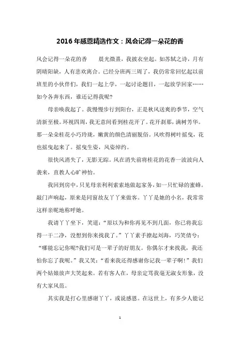 2016年感恩精选作文：风会记得一朵花的香