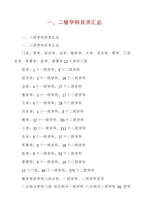 一、二级学科目录汇总