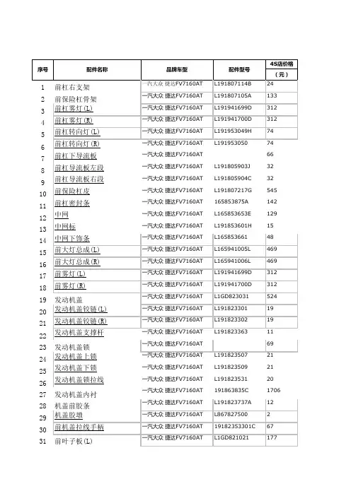 大众捷达配件价格表(4s及正厂)