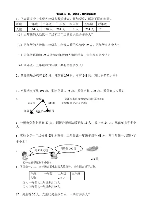 苏教版二年级下第六单元两三位数加法和减法试卷)