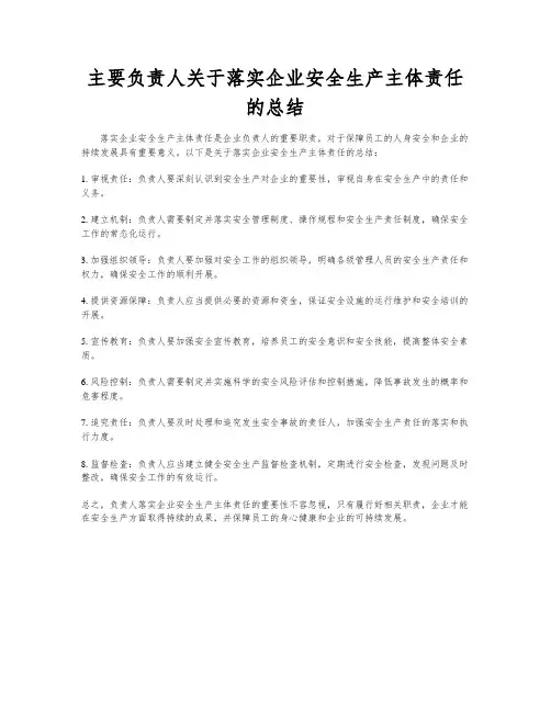 主要负责人关于落实企业安全生产主体责任的总结