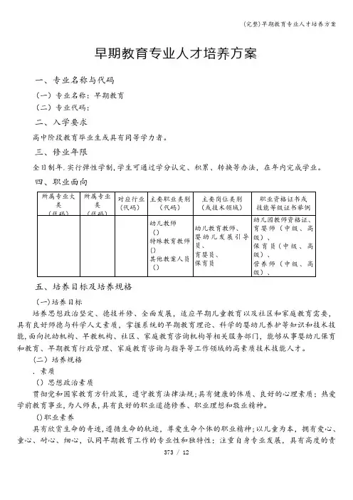(完整)早期教育专业人才培养方案