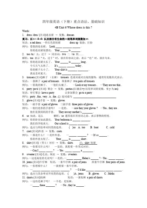 精品译林版四年级英语下册Unit 6 Whose dress is this重点语法、 基础知识整理
