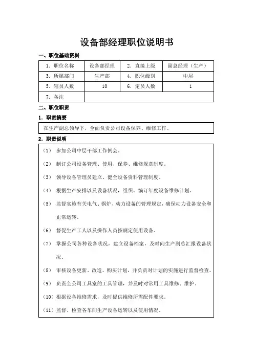 设备部经理职位说明书