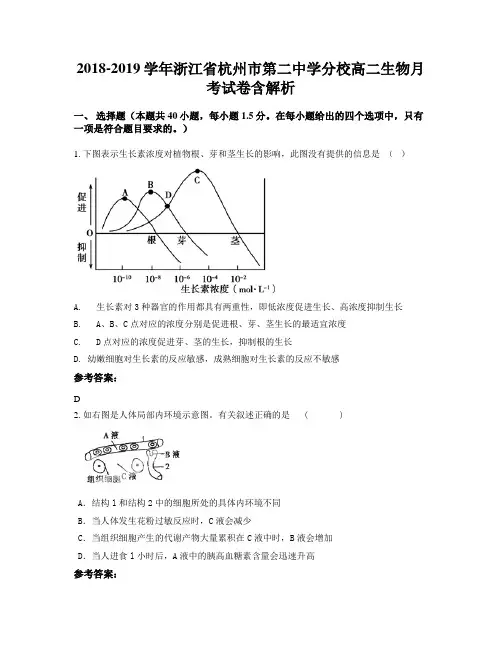 2018-2019学年浙江省杭州市第二中学分校高二生物月考试卷含解析